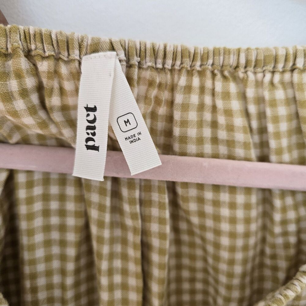 Pact Gingham Midi Dress Sz M Coastal Double Gauze Boho Olive Green Gold Cotton - Picture 3 of 12